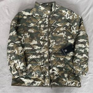 Quilted Camo Lightweight Jacket 4 Pockets Drawstring Waist Zipper & Button XL